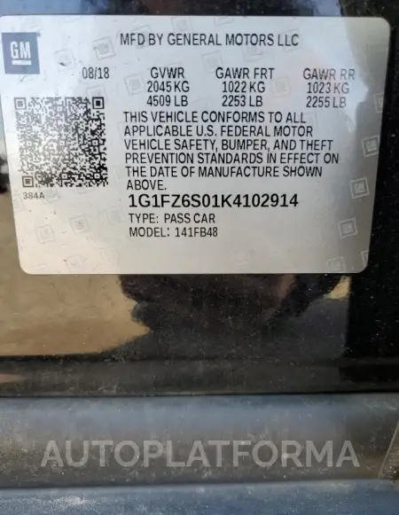 CHEVROLET BOLT EV PR 2019 vin 1G1FZ6S01K4102914 from auto auction Copart