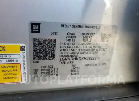 CHEVROLET TRAVERSE L 2017 vin 1GNKRHKDXHJ332375 from auto auction Copart