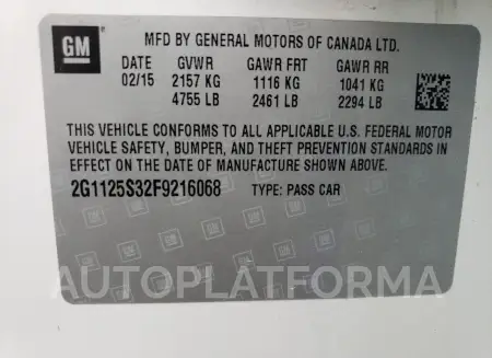 CHEVROLET IMPALA LT 2015 vin 2G1125S32F9216068 from auto auction Copart