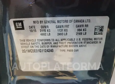 CHEVROLET IMPALA LIM 2016 vin 2G1WC5E31G1124240 from auto auction Copart