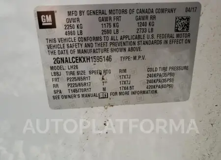 CHEVROLET EQUINOX LT 2017 vin 2GNALCEKXH1595146 from auto auction Copart