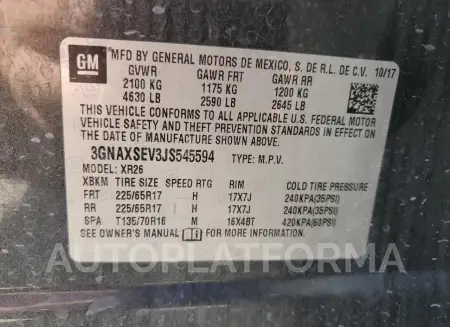 CHEVROLET EQUINOX LT 2018 vin 3GNAXSEV3JS545594 from auto auction Copart