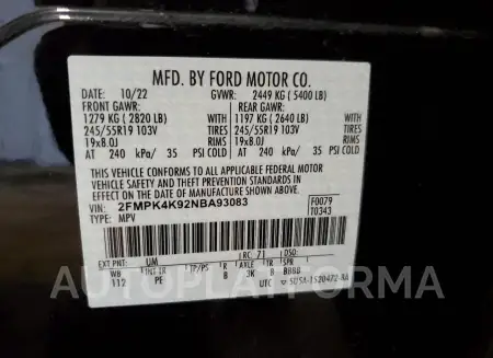 FORD EDGE TITAN 2022 vin 2FMPK4K92NBA93083 from auto auction Copart