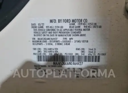 FORD ECOSPORT S 2022 vin MAJ6S3GL6NC464427 from auto auction Copart