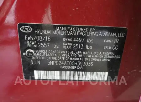 HYUNDAI SONATA SE 2016 vin 5NPE24AF0GH393036 from auto auction Copart