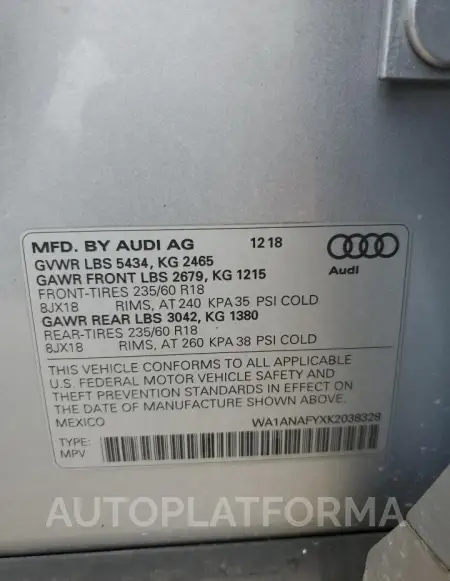 AUDI Q5 PREMIUM 2019 vin WA1ANAFYXK2038328 from auto auction Copart