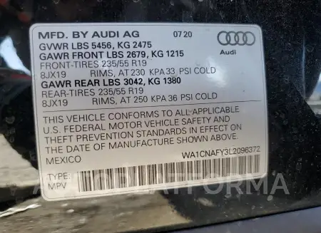 AUDI Q5 PRESTIG 2020 vin WA1CNAFY3L2096372 from auto auction Copart