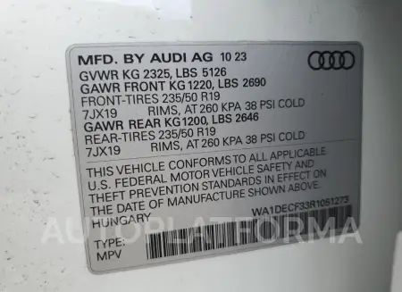 AUDI Q3 PREMIUM 2024 vin WA1DECF33R1051273 from auto auction Copart