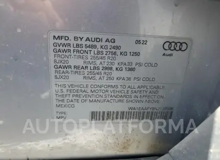 AUDI Q5 PREMIUM 2022 vin WA1EAAFY8N2125596 from auto auction Copart