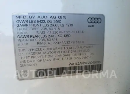 AUDI Q5 PREMIUM 2016 vin WA1L2AFP4GA046835 from auto auction Copart