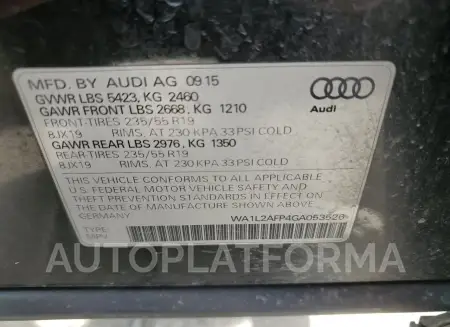 AUDI Q5 PREMIUM 2016 vin WA1L2AFP4GA053526 from auto auction Copart