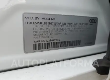 AUDI S8 2021 vin WAU8SAF82MN009319 from auto auction Copart