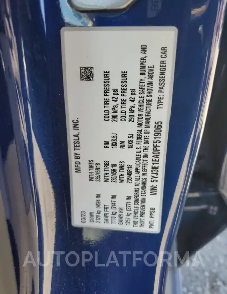 TESLA MODEL 3 2023 vin 5YJ3E1EA0PF519065 from auto auction Copart