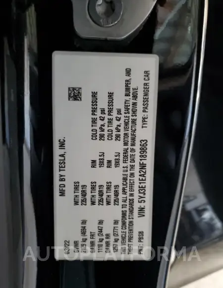 TESLA MODEL 3 2022 vin 5YJ3E1EA2NF189863 from auto auction Copart