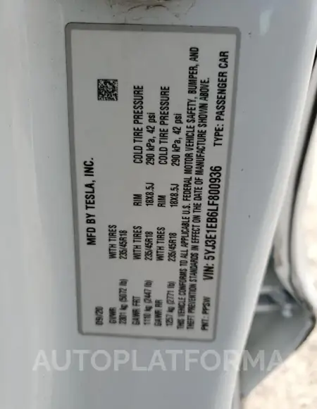 TESLA MODEL 3 2020 vin 5YJ3E1EB6LF800936 from auto auction Copart