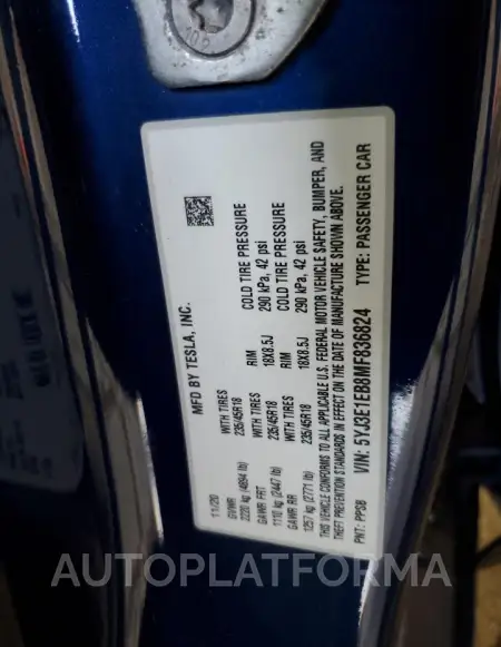 TESLA MODEL 3 2021 vin 5YJ3E1EB8MF836824 from auto auction Copart