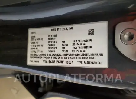 TESLA MODEL 3 2022 vin 5YJ3E1EC1NF118607 from auto auction Copart