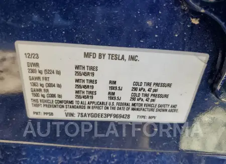 TESLA MODEL Y 2023 vin 7SAYGDEE3PF969428 from auto auction Copart