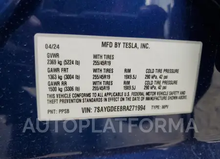 TESLA MODEL Y 2024 vin 7SAYGDEE8RA271994 from auto auction Copart