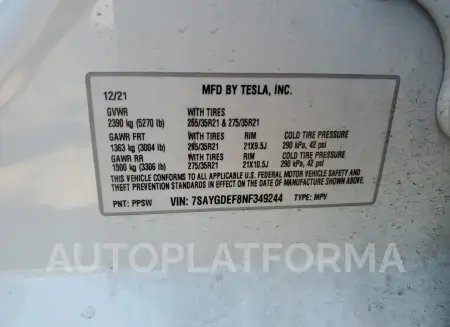 TESLA MODEL Y 2022 vin 7SAYGDEF8NF349244 from auto auction Copart