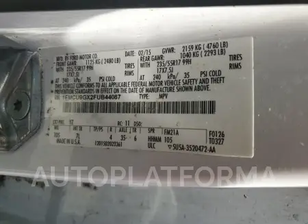 FORD ESCAPE SE 2015 vin 1FMCU9GX2FUB44087 from auto auction Copart