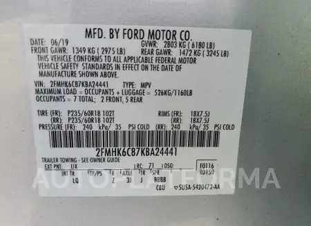 FORD FLEX SEL 2019 vin 2FMHK6C87KBA24441 from auto auction Copart