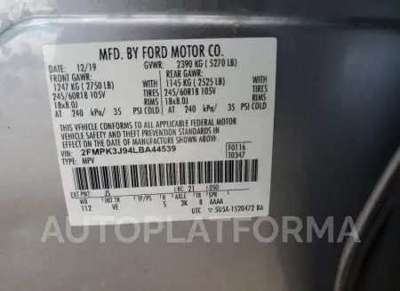 FORD EDGE SEL 2020 vin 2FMPK3J94LBA44539 from auto auction Copart