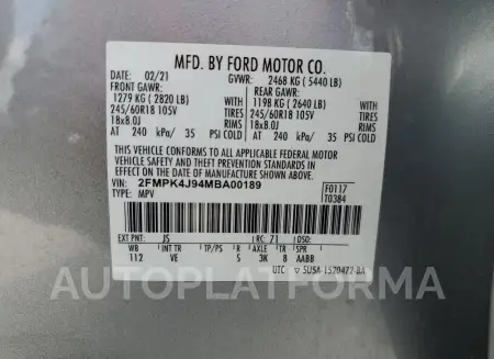 FORD EDGE SEL 2021 vin 2FMPK4J94MBA00189 from auto auction Copart