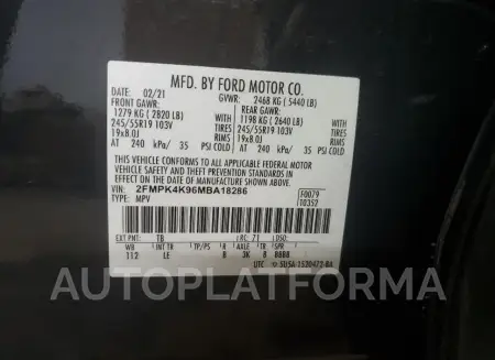 FORD EDGE TITAN 2021 vin 2FMPK4K96MBA18286 from auto auction Copart