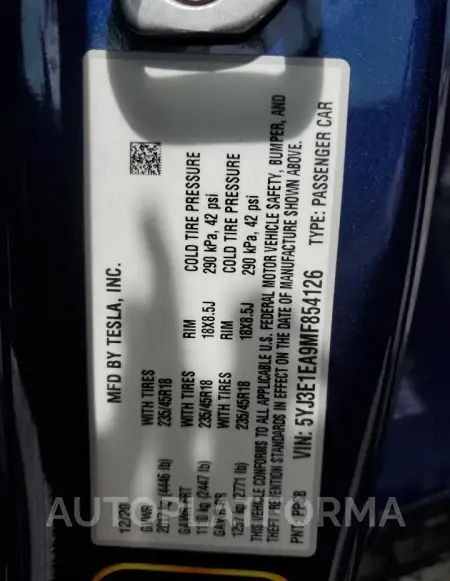 TESLA MODEL 3 2021 vin 5YJ3E1EA9MF854126 from auto auction Copart