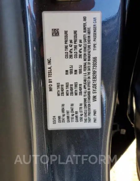 TESLA MODEL 3 2024 vin 5YJ3E1EB2RF739366 from auto auction Copart