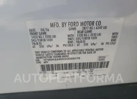 FORD EXPLORER P 2016 vin 1FM5K8AR0GGD05975 from auto auction Copart