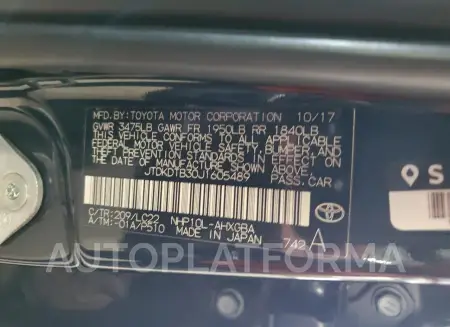 TOYOTA Prius c 2018 vin JTDKDTB30J1605489 from auto auction Copart