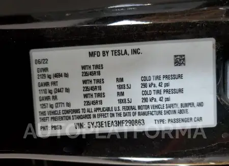 TESLA MODEL 3 2022 vin 5YJ3E1EA3NF290863 from auto auction Copart