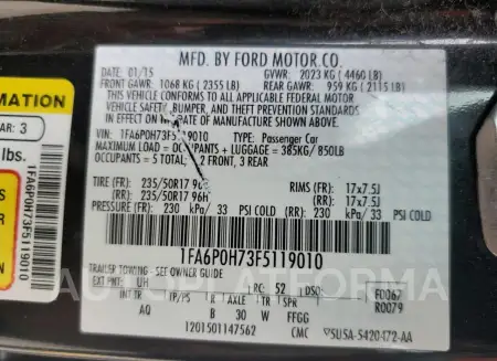 FORD FUSION SE 2015 vin 1FA6P0H73F5119010 from auto auction Copart