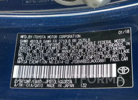 TOYOTA MIRAI 2018 vin JTDBVRBD2JA003881 from auto auction Copart