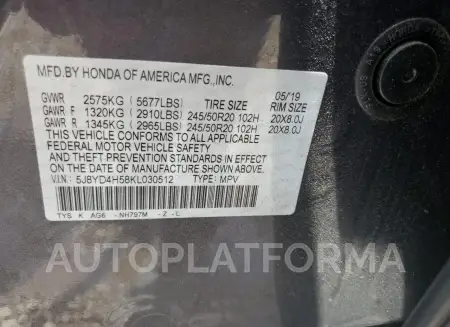 ACURA MDX TECHNO 2019 vin 5J8YD4H58KL030512 from auto auction Copart