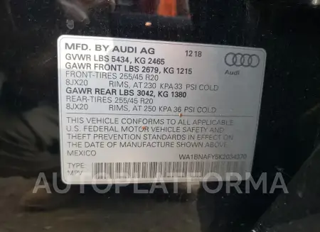 AUDI Q5 PREMIUM 2019 vin WA1BNAFY5K2034370 from auto auction Copart