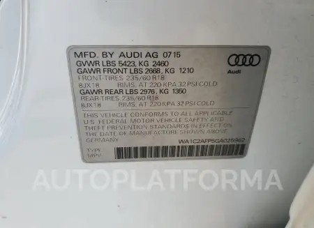 AUDI Q5 PREMIUM 2016 vin WA1C2AFP5GA025962 from auto auction Copart