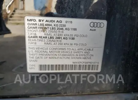 AUDI Q3 PREMIUM 2015 vin WA1EFCFS5FR010715 from auto auction Copart