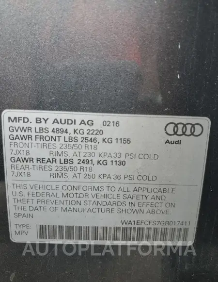 AUDI Q3 PREMIUM 2016 vin WA1EFCFS7GR017411 from auto auction Copart