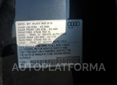 AUDI Q7 PREMIUM 2015 vin WA1LGAFE8FD028268 from auto auction Copart