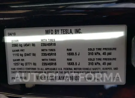 TESLA MODEL 3 2019 vin 5YJ3E1EA1KF316937 from auto auction Copart