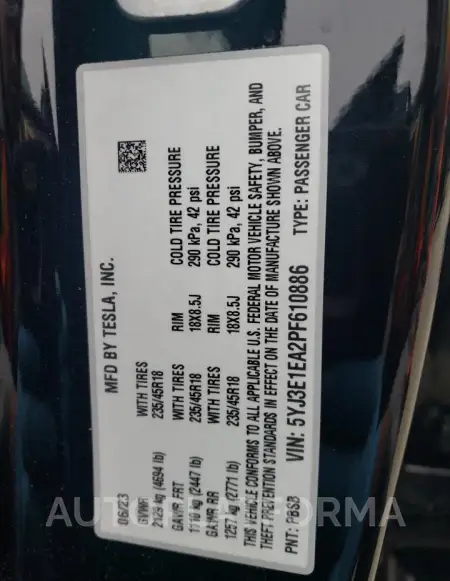 TESLA MODEL 3 2023 vin 5YJ3E1EA2PF610886 from auto auction Copart