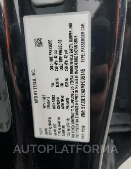 TESLA MODEL 3 2021 vin 5YJ3E1EA8MF095145 from auto auction Copart