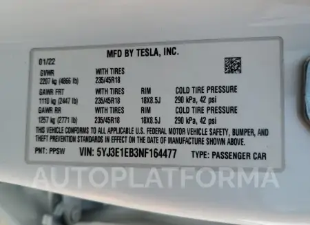 TESLA MODEL 3 2022 vin 5YJ3E1EB3NF164477 from auto auction Copart