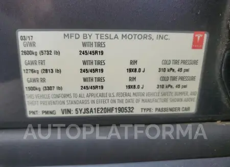 TESLA MODEL S 2017 vin 5YJSA1E20HF190532 from auto auction Copart