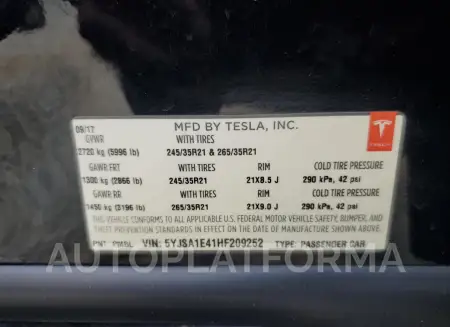 TESLA MODEL S 2017 vin 5YJSA1E41HF209252 from auto auction Copart