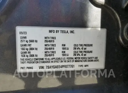 TESLA MODEL Y 2023 vin 7SAYGAEE4PF877761 from auto auction Copart