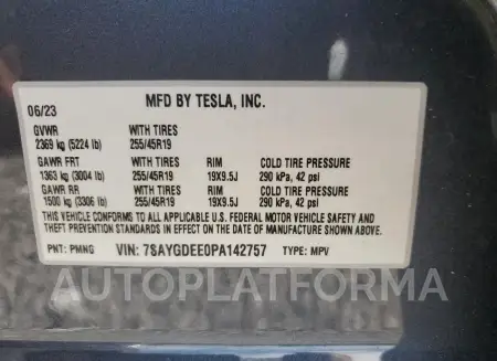 TESLA MODEL Y 2023 vin 7SAYGDEE0PA142757 from auto auction Copart